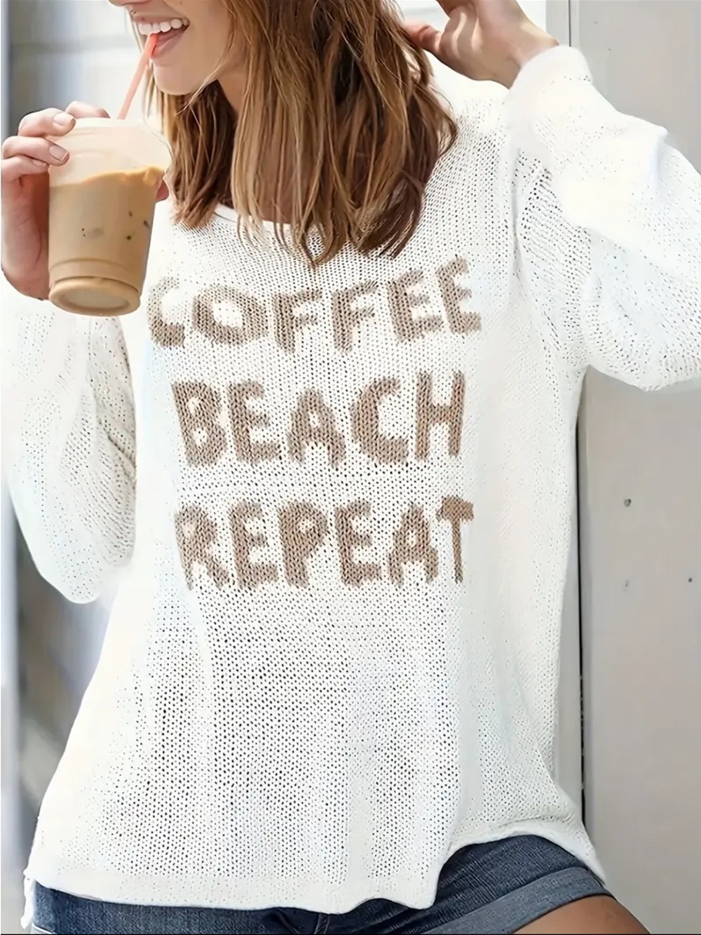 NWOT Women’s White Knit Sweater - 'Coffee Beach Repeat' Graphic, Multiple Sizes - Picture 4 of 6